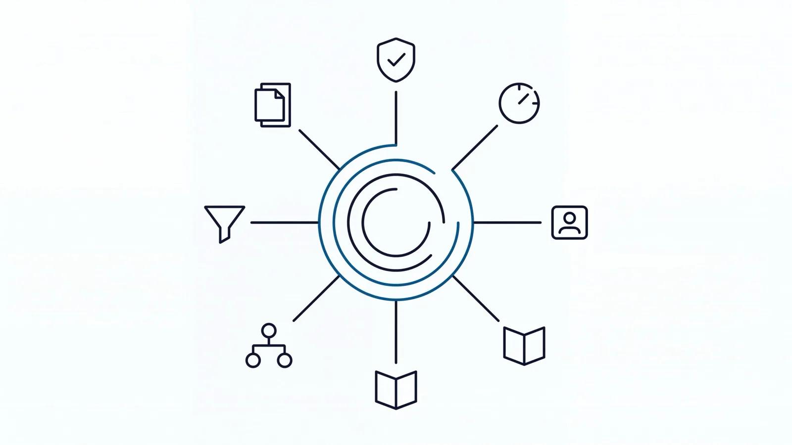 Diagram of a central hub connected by threads to seven module icons, representing Efixera's unified platform.